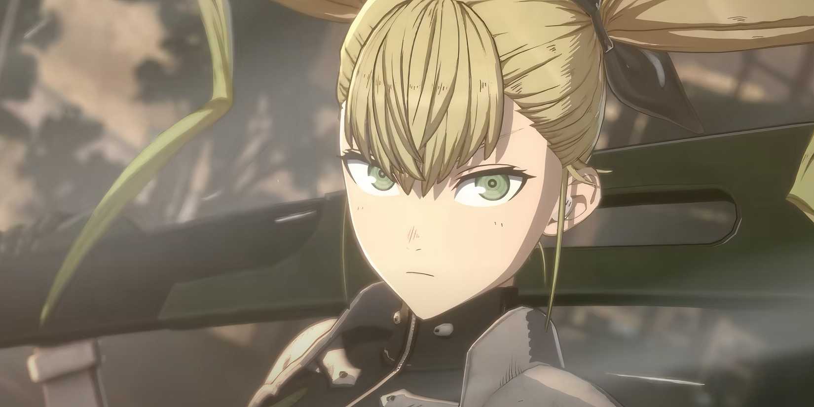 Kokoro holding an axe with a stern face