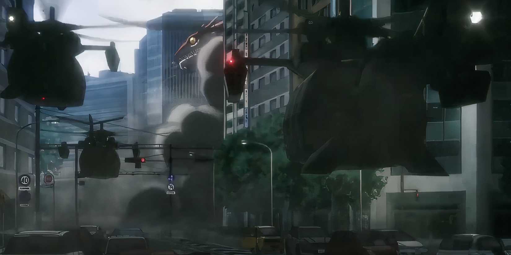 Kaiju walking through Tokyo with helicopters