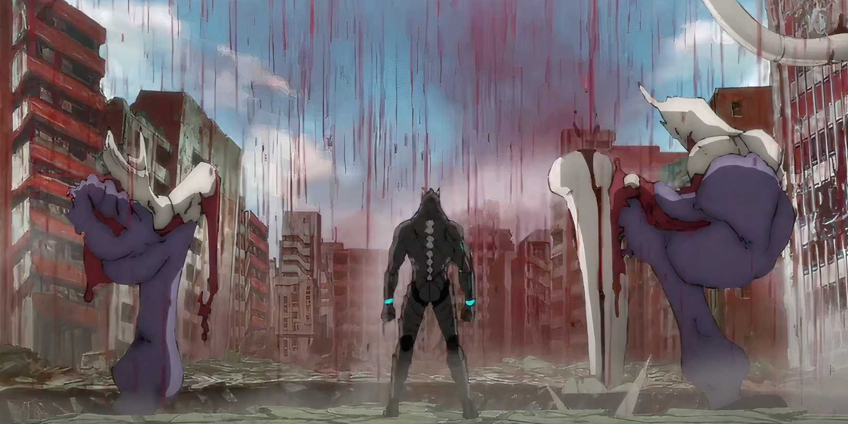 Kafka standing in a shower of blood