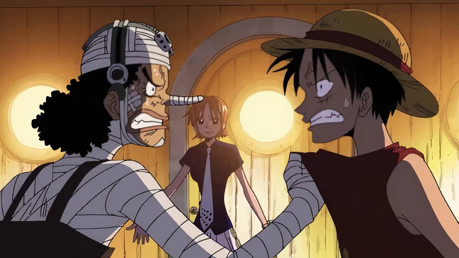 Usopp gripping Luffy