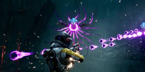 Shooting at a boss in Returnal