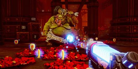 Shooting at a boss in Warhammer 40,000 Boltgun