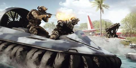 Soldiers riding a hoverboat in Battlefield 4 Naval Strike