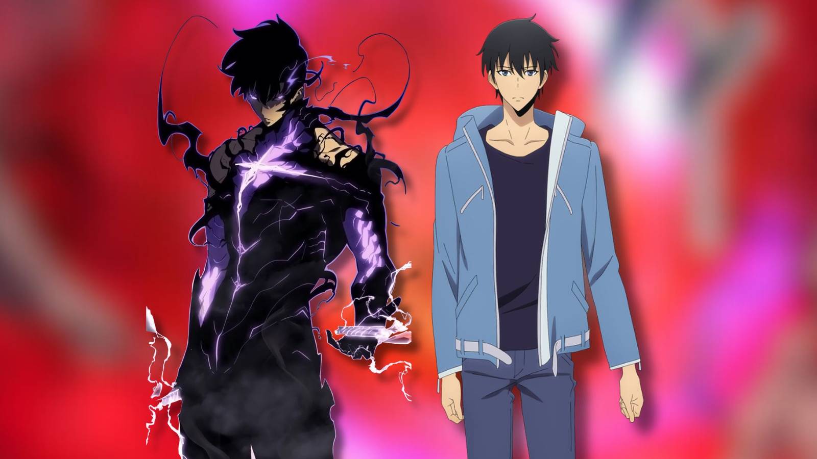 A collage of two versions of Sung Jinwoo, from the manhwa and from the anime - Solo Leveling