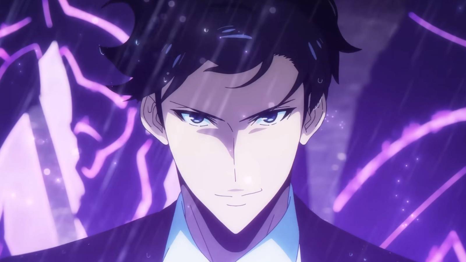 A screenshot of Solo Leveling protagonist, Sung Jinwoo, in the final scene of season 2.