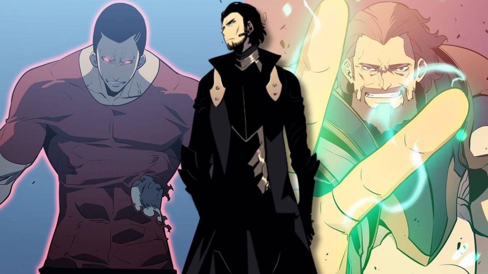 A collage of three horrible Solo Leveling S-Rank hunters: Hwang Dongsoo, Goto Ryuji and Yuri Orloff.