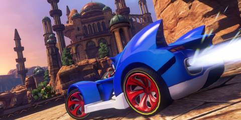 Sonic in his car in Sonic & All-Stars Racing Transformed