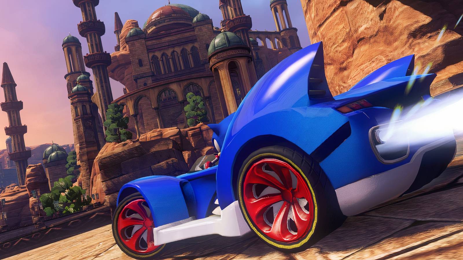 Sonic in his car in Sonic & All-Stars Racing Transformed