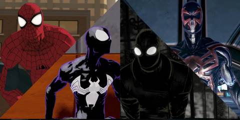The Amazing Spider-Man, Ultimate Spider-Man, Spider-Man Noir, and Spider-Man 2099 in Spider-Man: Shattered Dimensions