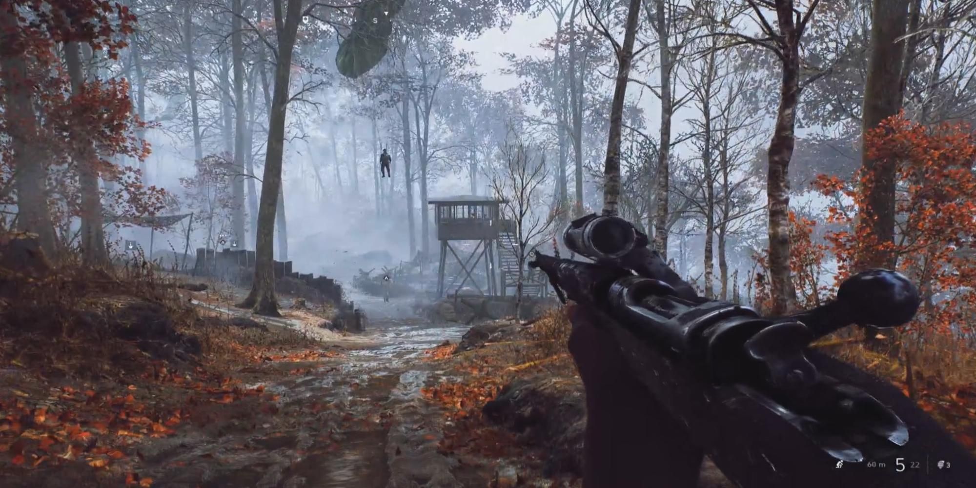 Standing in the forest with a sniper rifle in Battlefield 5