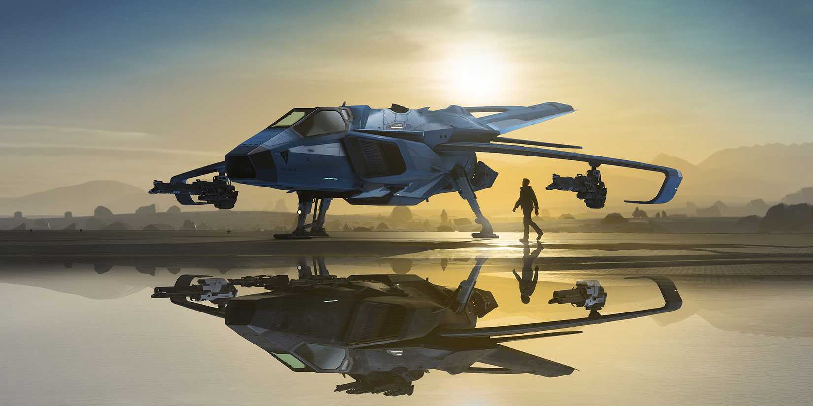 A Star Citizen pilot walks towards the ship at dusk
