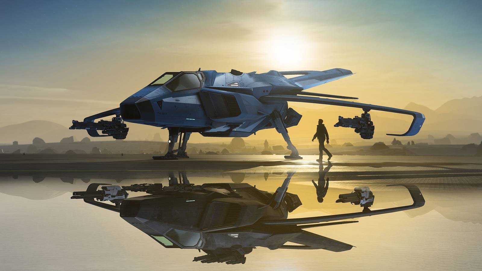 Star Citizen pilot walking toward ship at dusk