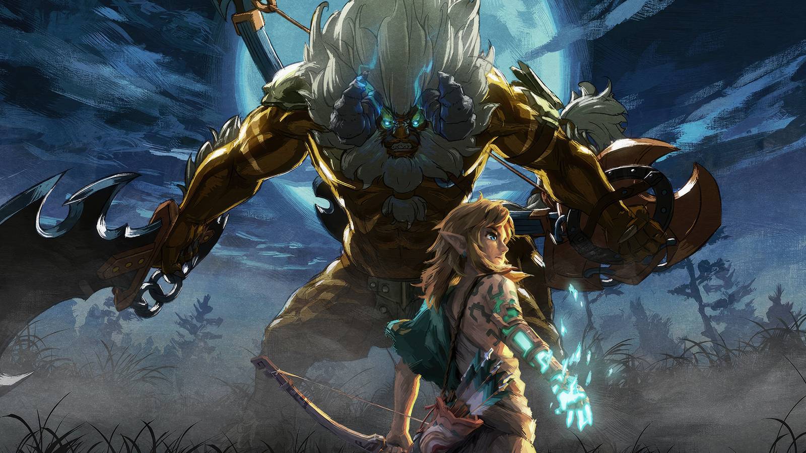 The Legend of Zelda Tears of the Kingdom Lynel Link concept art 2x1 composite