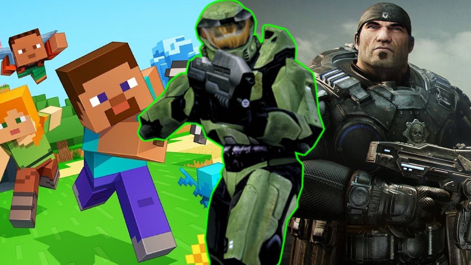 A collage of three games that are very important for the Xbox brand: Minecraft, Halo: Combat Evolved and Gears of War.