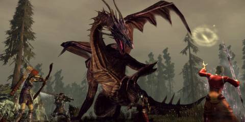 The party fighting a massive dragon in Dragon Age Origins.