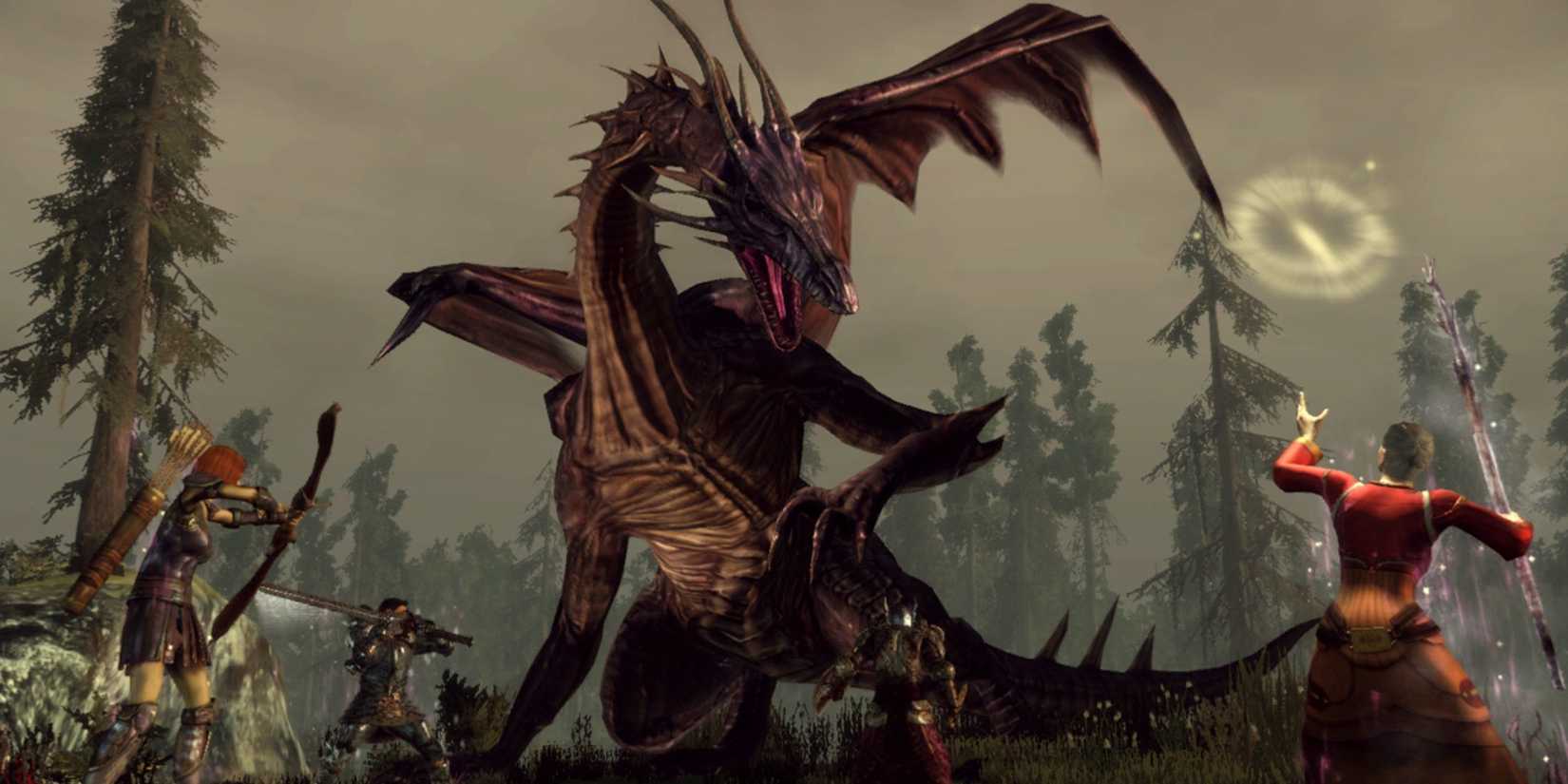 The party fighting a massive dragon in Dragon Age Origins.
