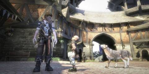 The player character and his dog talking to an NPC - Fable 2