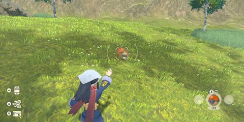 The player trainer character catching a Bidoof in Pokemon Legends Arceus.