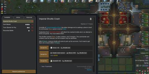 The RimWorld Royalty quest “Imperial Shuttle Crash” appears with multiple reward options in one of the best DLCs