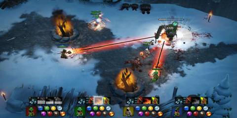 Two players shooting beams at a large enemy in Magicka 2-1
