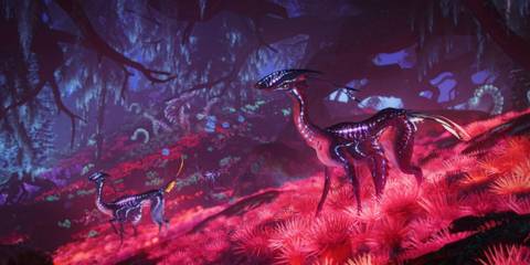 Two creatures in the Pandora forests at night in Avatar: Frontiers of Pandora