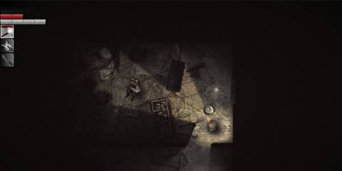 A player looking at a person curled up on the floor in Darkwood