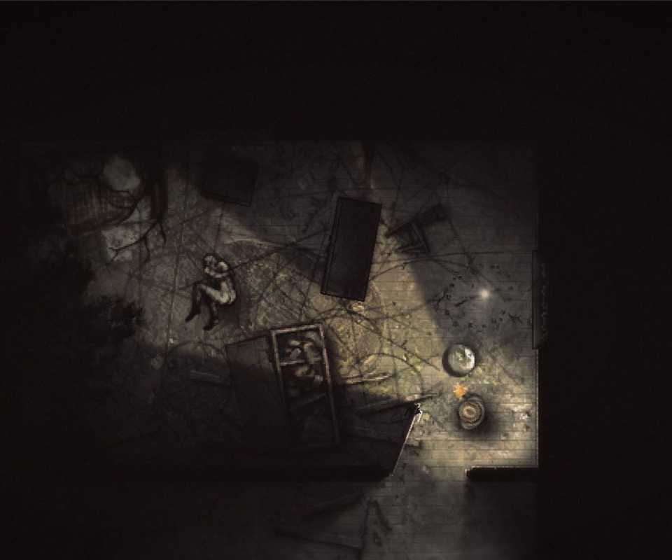 A player looking at a person curled up on the floor in Darkwood