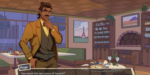 Hugo asking the player if they want the last piece of Havarti in Dream Daddy: A Dad Dating Simulator