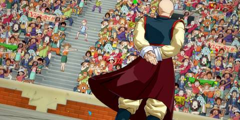 A man looking at a crowd cheering in Dragon Ball FighterZ