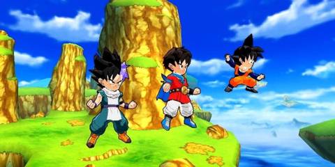 Three characters floating in Dragon Ball Fusions