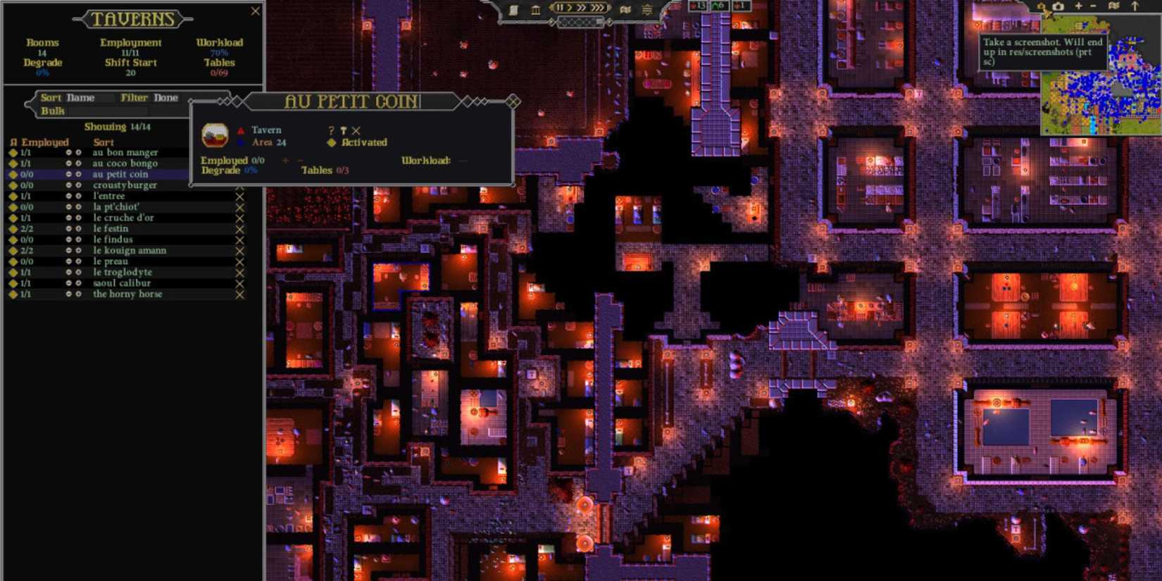 A player looking at their taverns in Songs of Syx