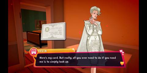Celia giving the player her card in Date Everything