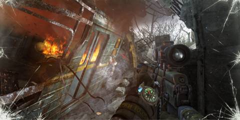 A crashed and burning train in Metro: Last Light Redux