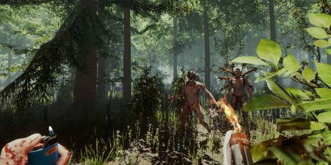 The player being approached by cannibals in The Forest