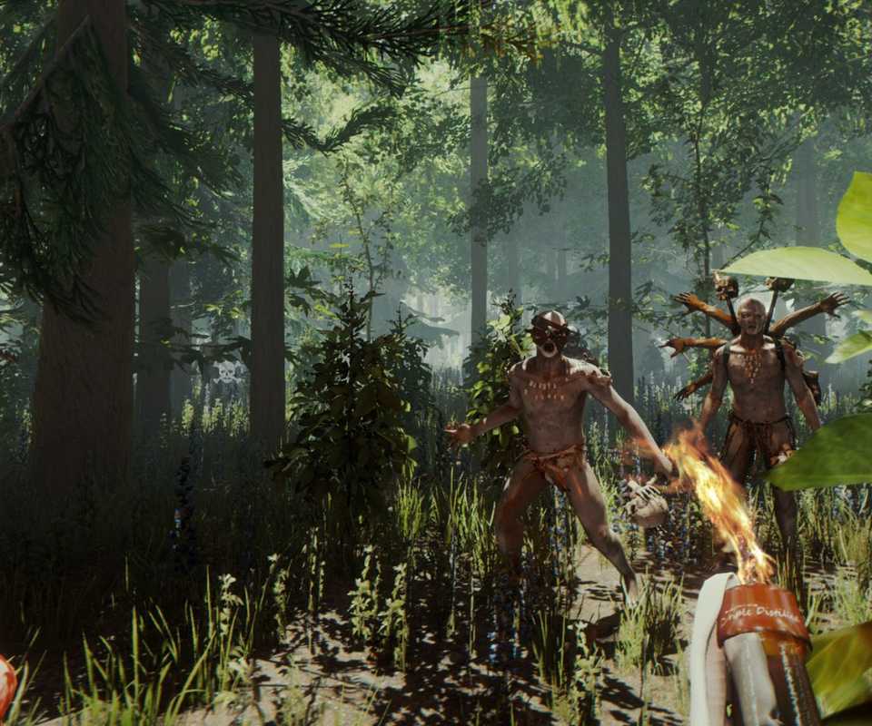 The player being approached by cannibals in The Forest