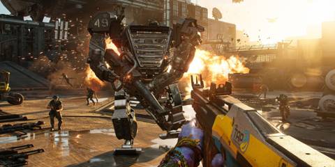 A player shooting at a mech in Avatar: Frontiers of Pandora