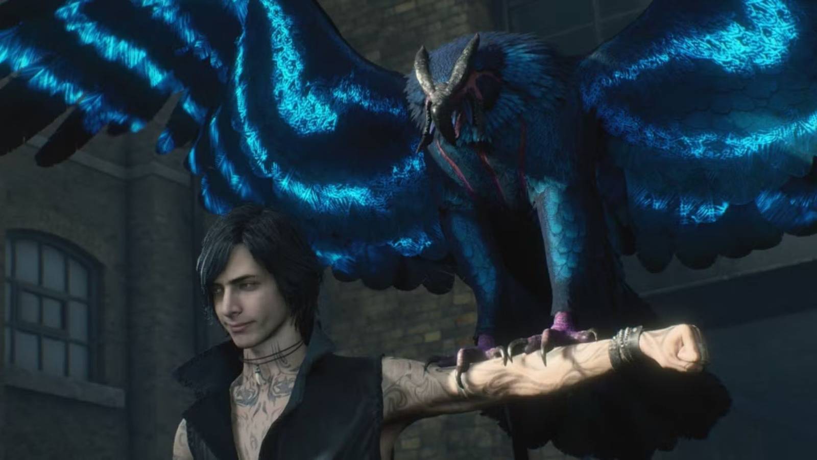 V with his bird in Devil May Cry 5