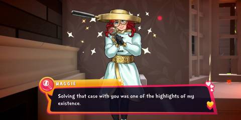 Maggie being happy to solve cases with the player in Date Everything