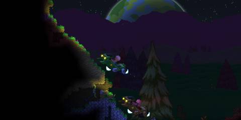 Two people driving over the surface of a planet in Starbound