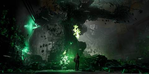 A weird green glow inside a building in Chernobylite