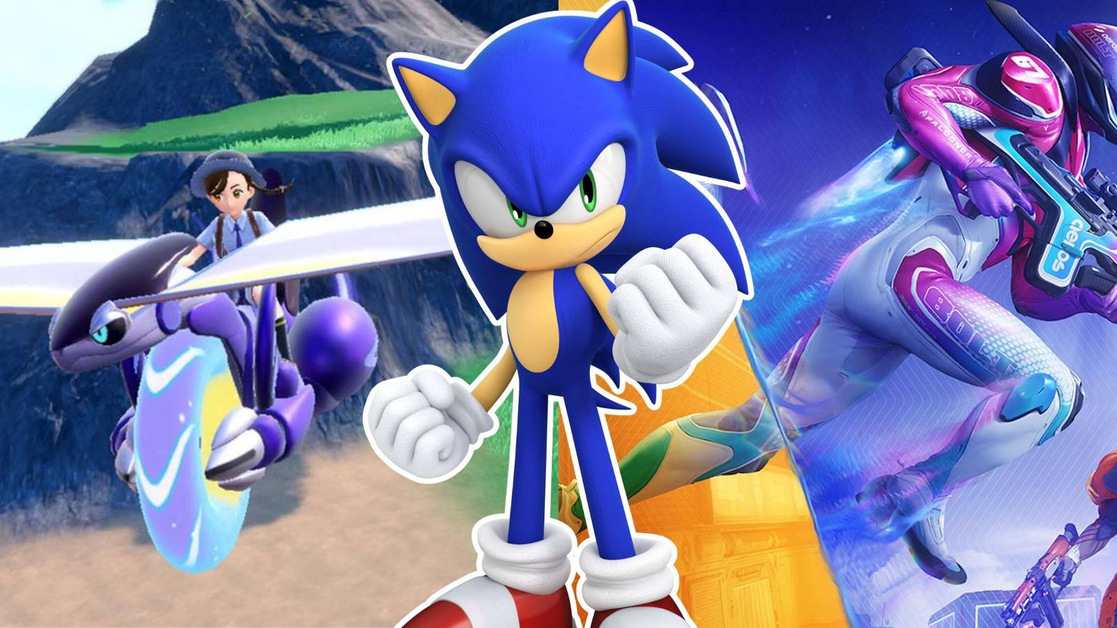 A collage of three video game sequels that killed their respective franchise's momentum: Pokemon Scarlet and Violet, Sonic Forces and Splitgate 2.