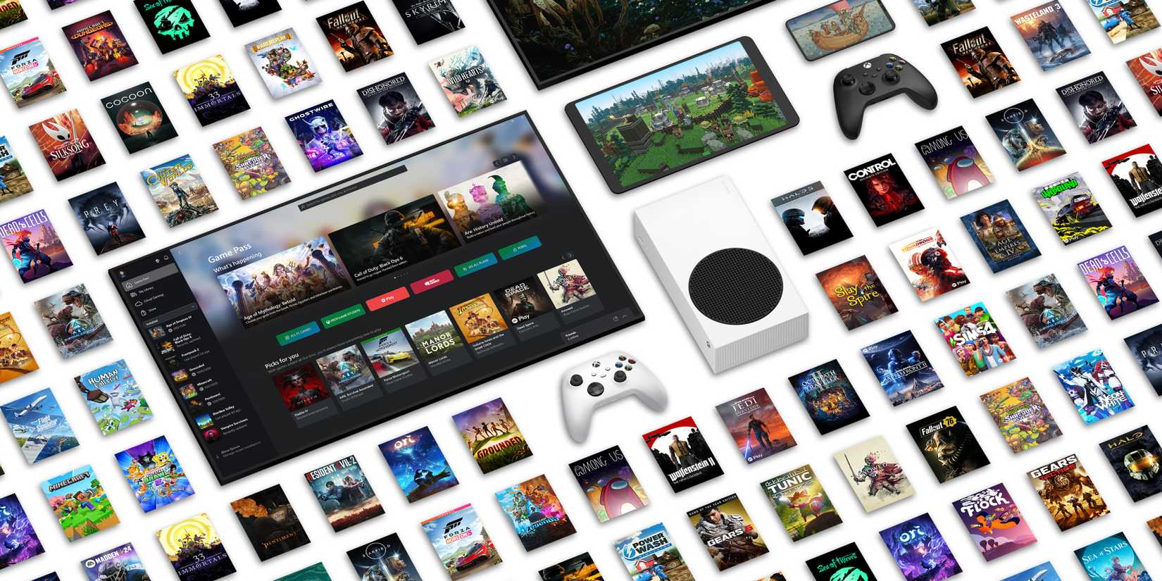 Xbox Game Pass promotional image showing an Xbox Series S surrounded by multiple game tiles