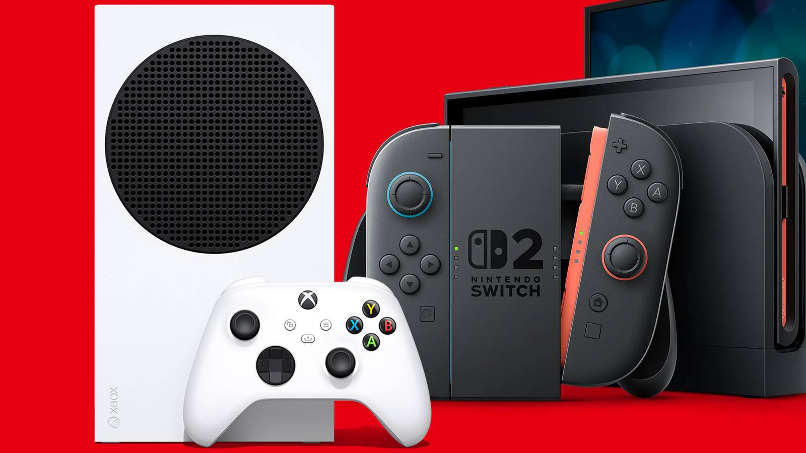 Xbox Series S next to Nintendo Switch 2 red background 2x1 composite