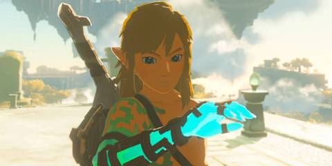Link looking at the Zonai Arm from The Legend of Zelda: Tears of the Kingdom