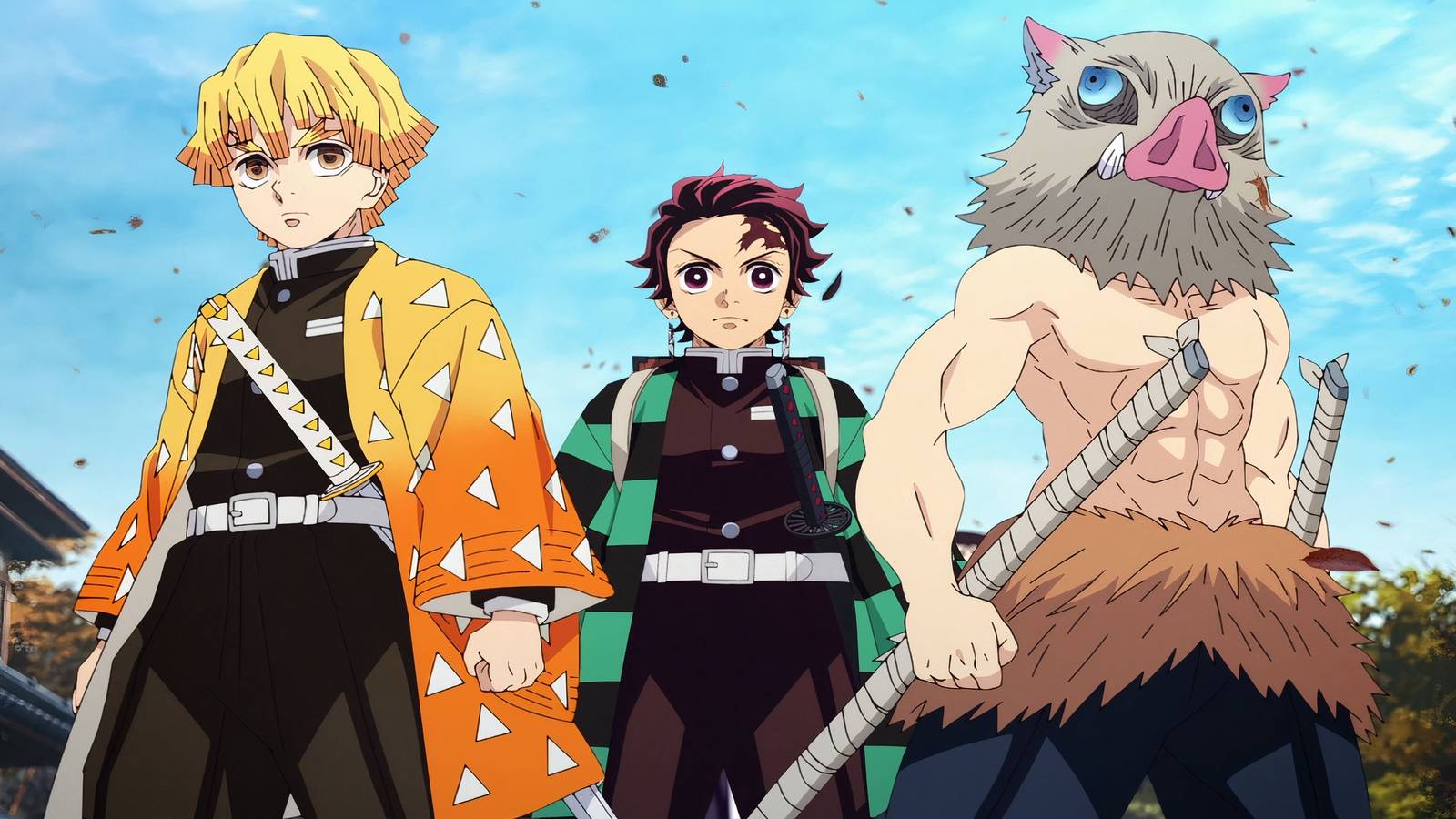 Zenitsu, Tanjiro, and Inosuke in formation in Demon Slayer