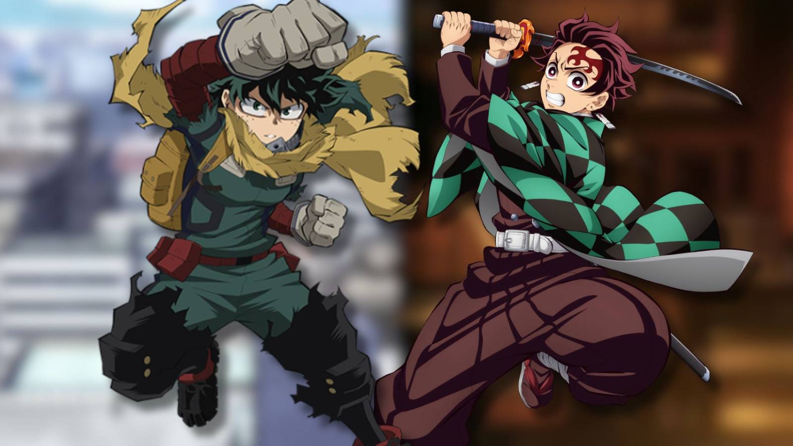 A collage of the two main characters of My Hero Academia and Demon Slayer: Izuku Midoriya (Deku) and Tanjiro Kamado.