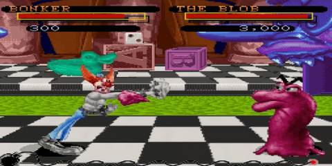 A clown character attacking a blob in Clayfighter