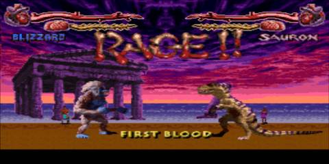 A dinosaur and giant snow ape fighting in Primal Rage