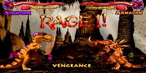 A dinosaur aur armored lizard fighting in Primal Rage