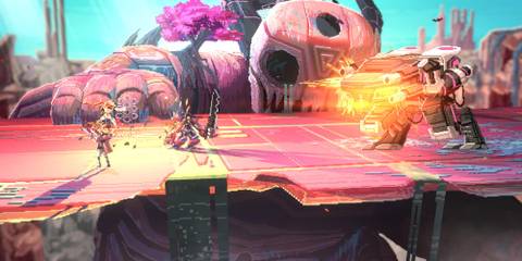 A giant mech shotting a party in Star Renegades